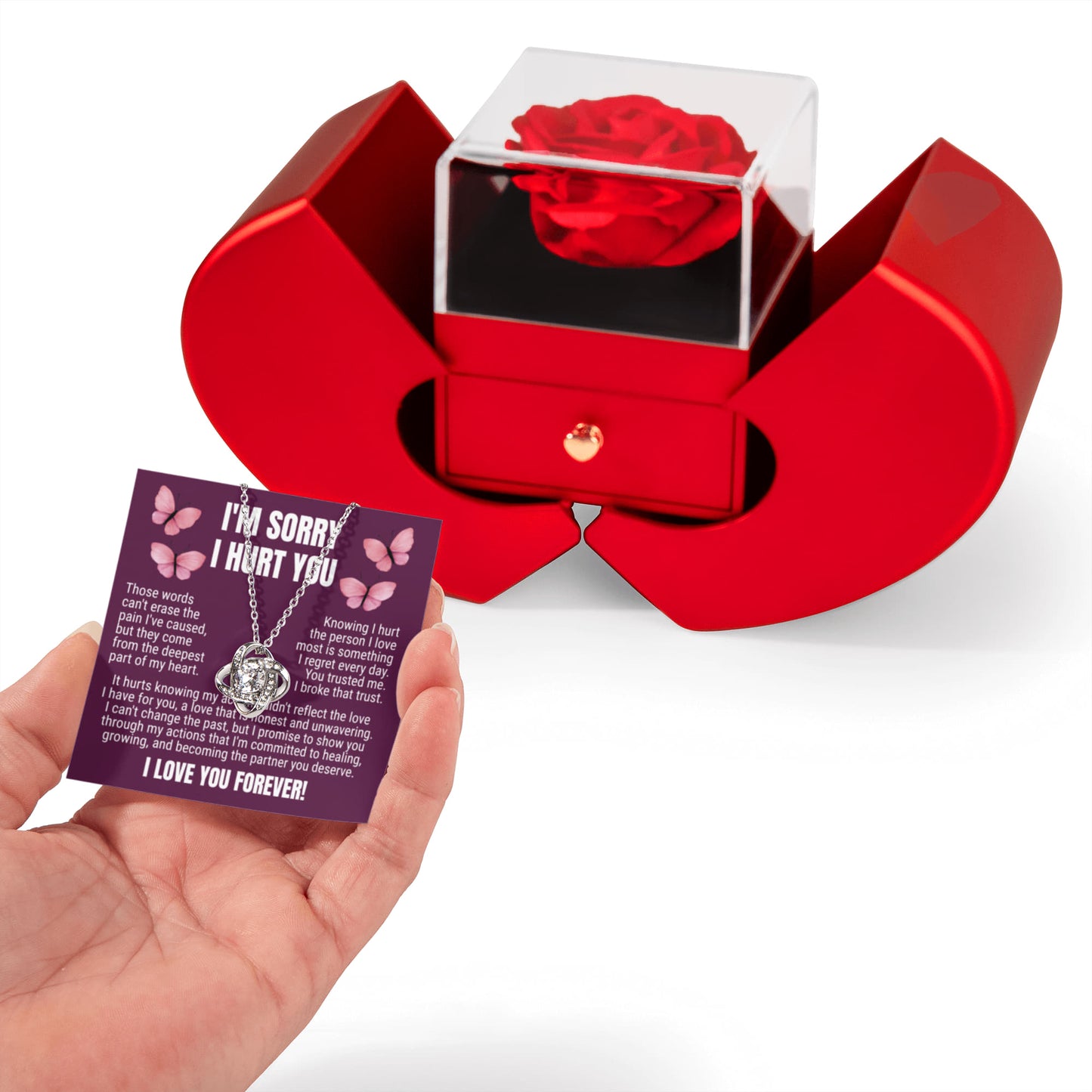 Love Knot Necklace with Red Heart Rose Box - I'm Sorry I Hurt You