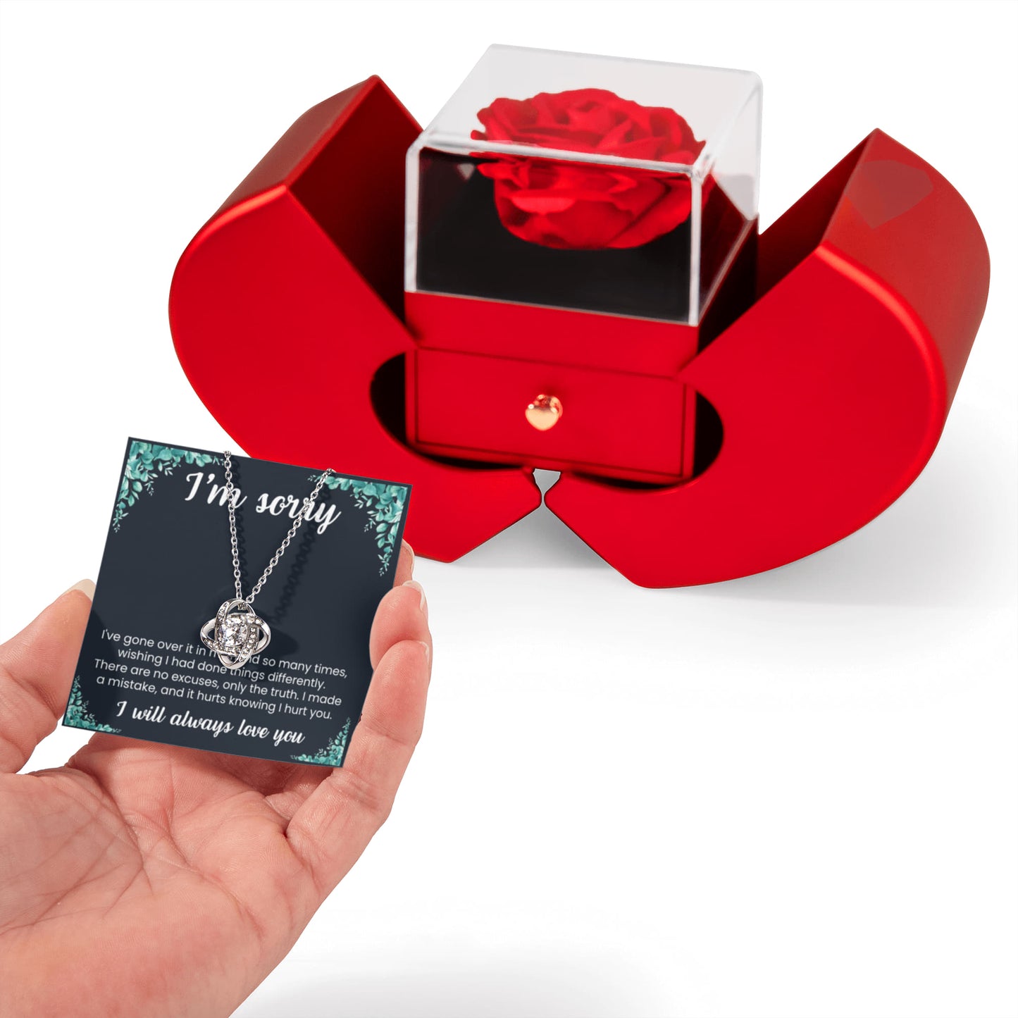 Love Knot Necklace with Red Heart Rose Box - I'm Sorry