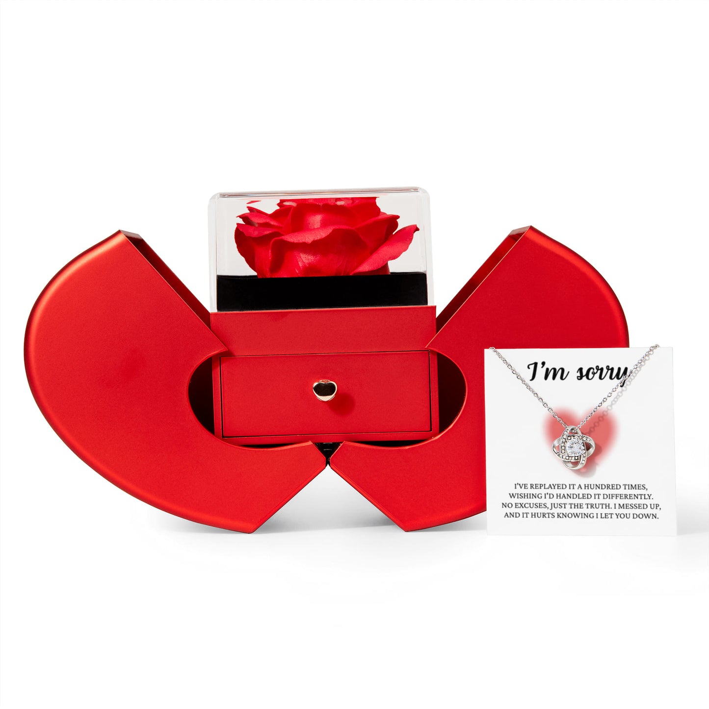 Love Knot Necklace with Red Heart Rose Box - "I'm Sorry"