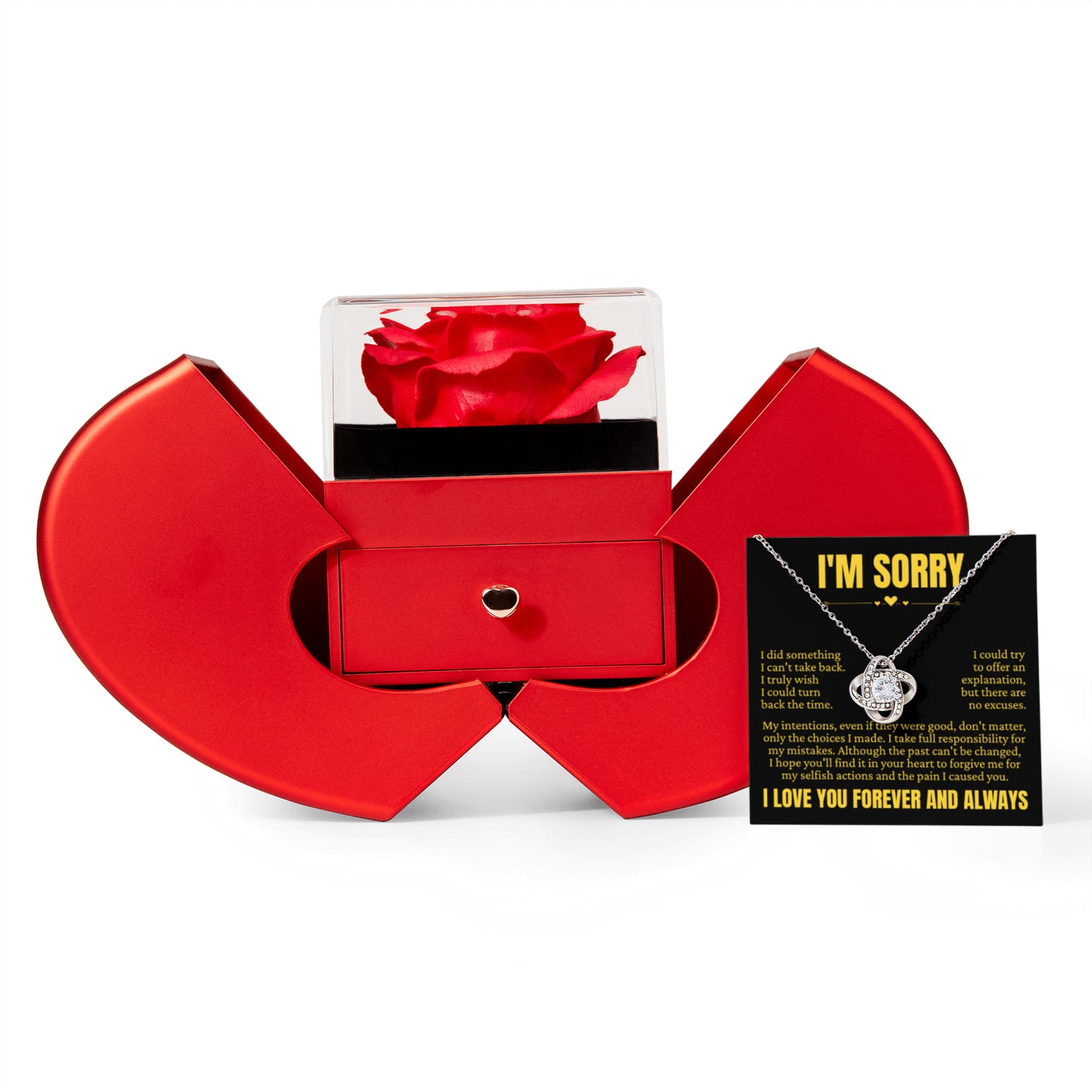 Love Knot Necklace with Red Heart Rose Box - I'm Sorry, I Love You Forever and Always
