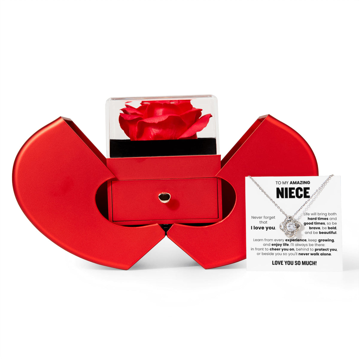 Love Knot Necklace w/ Red Heart Rose - To My Amazing Niece "Never Forget That I Love You"