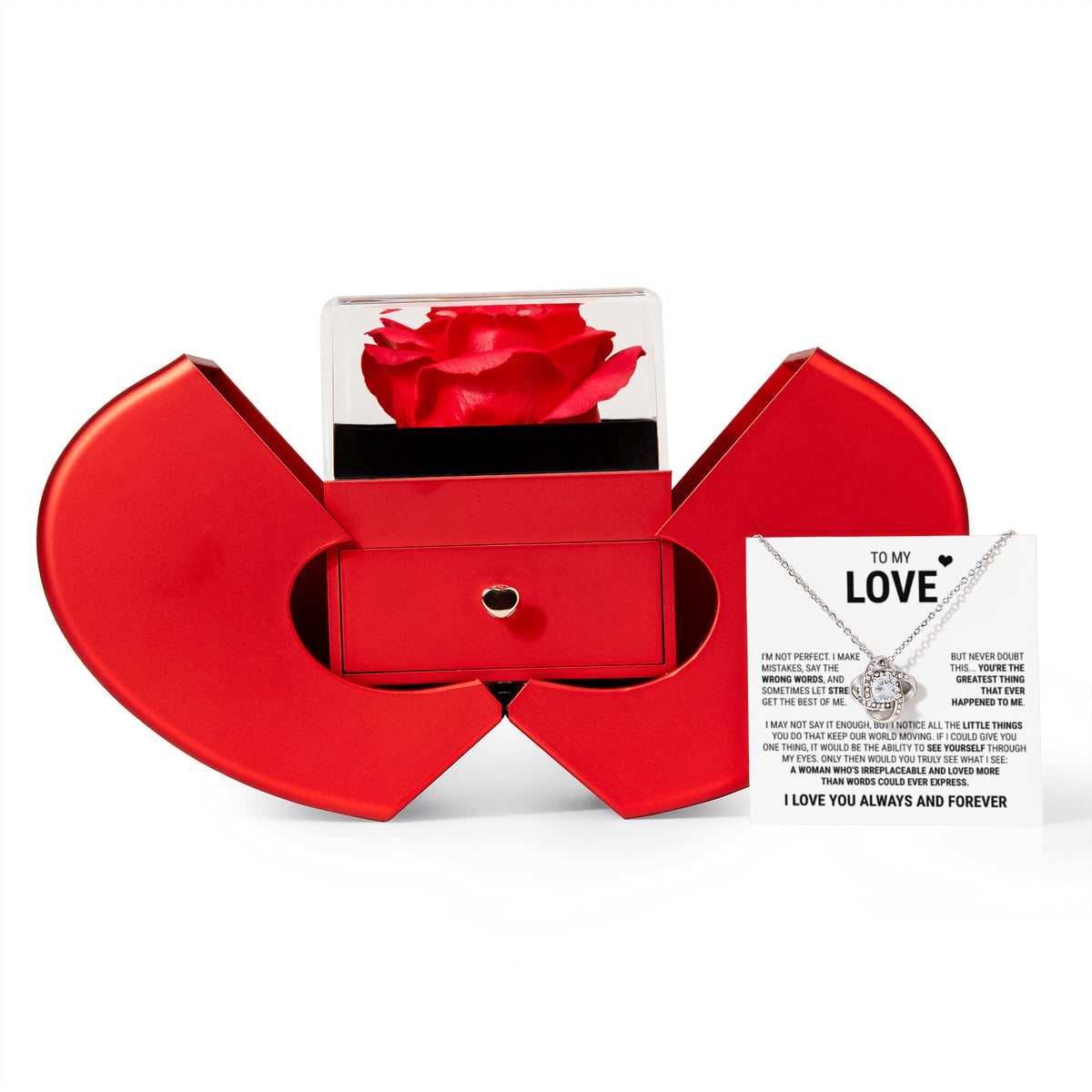 Love Knot Necklace w/ Red Heart Rose - To My love "You're The Greatest Thing That Ever Happened To Me"