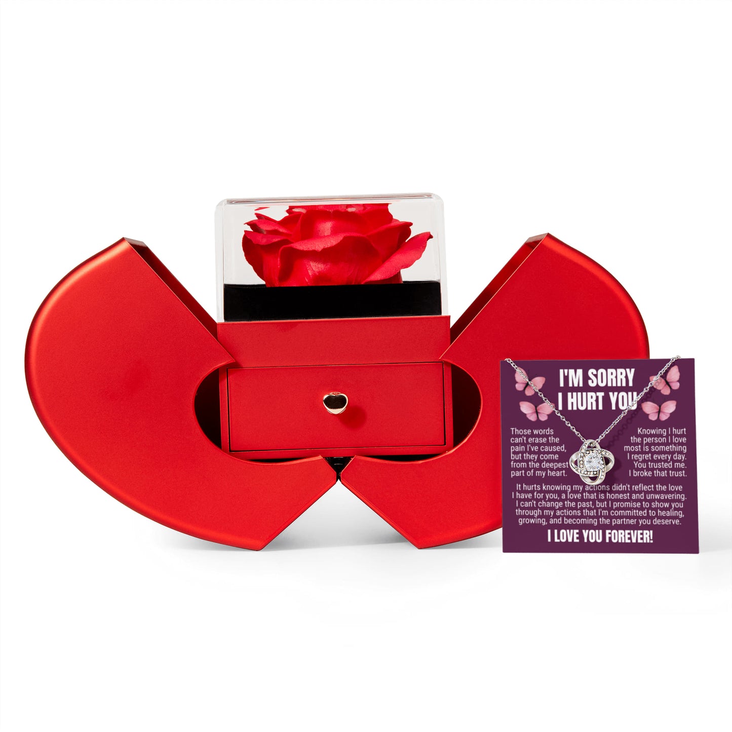 Love Knot Necklace with Red Heart Rose Box - I'm Sorry I Hurt You