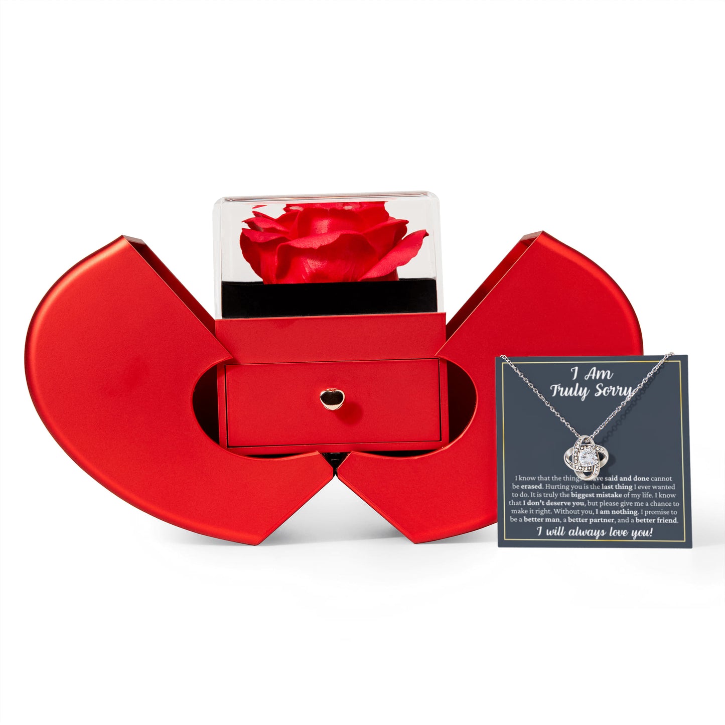 Love Knot Necklace with Red Heart Rose Box - "I Am Truly Sorry"