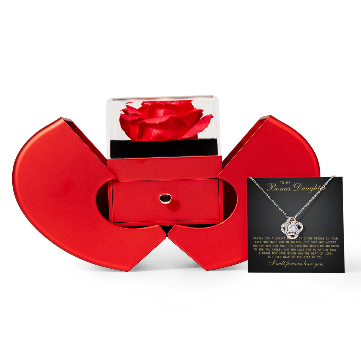 Love Knot Necklace with Red Heart Rose Box - To My Bonus Daughter "I Will Love You Forever"