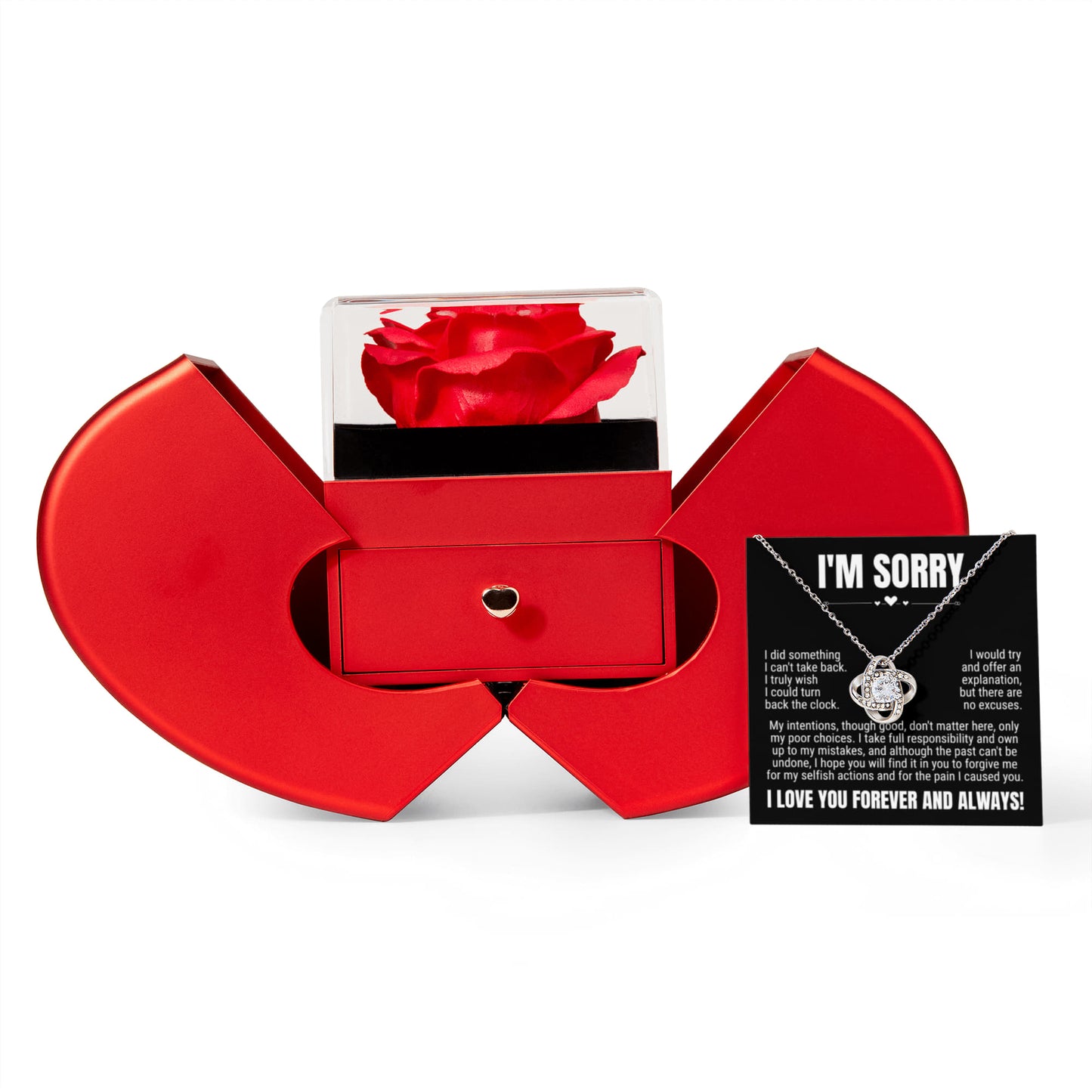 Love Knot Necklace with Red Heart Rose Box - "I'm Sorry, I Love You Forever and Always"