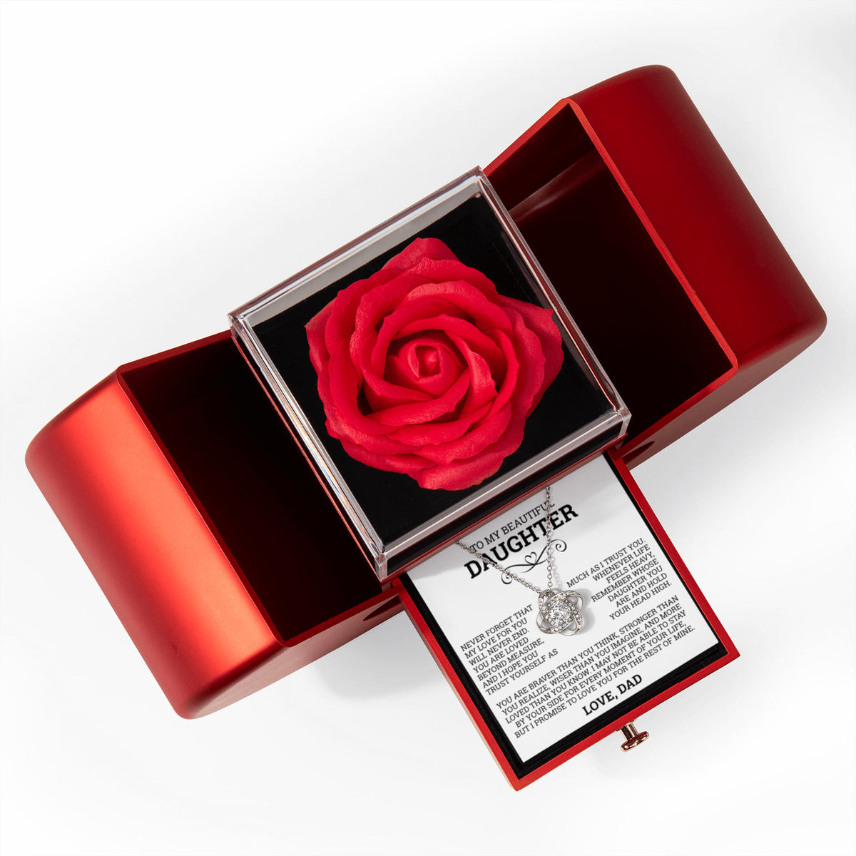 Love Knot Necklace w/ Red Heart Rose - To My Beautiful Daughter "You Are Braver Than You Think