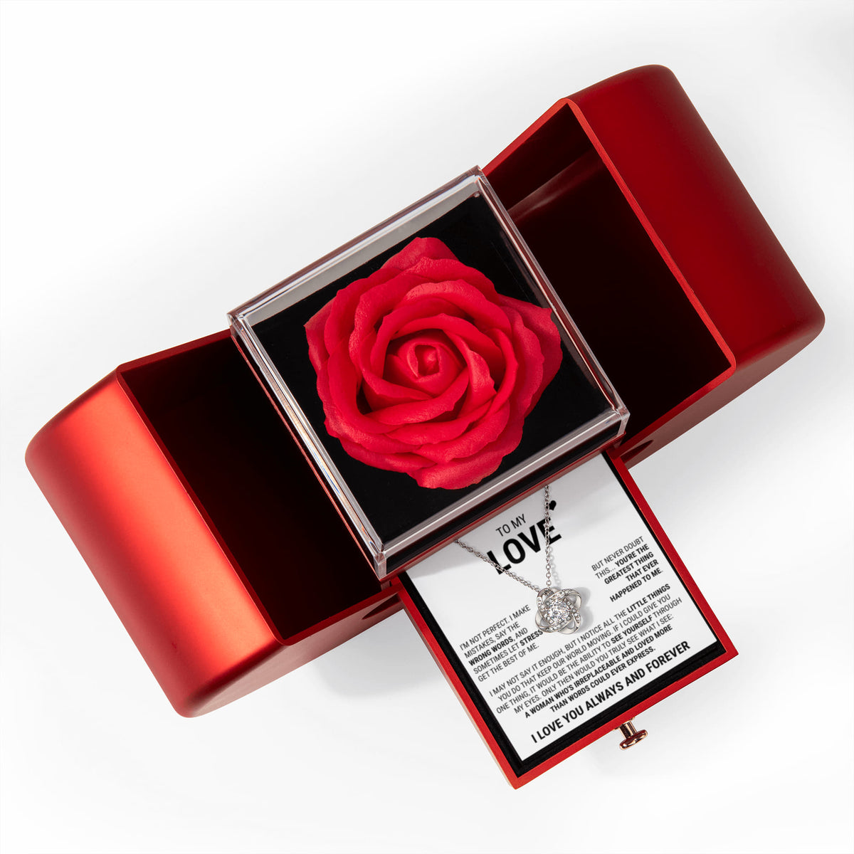 Love Knot Necklace w/ Red Heart Rose - To My love "You're The Greatest Thing That Ever Happened To Me"
