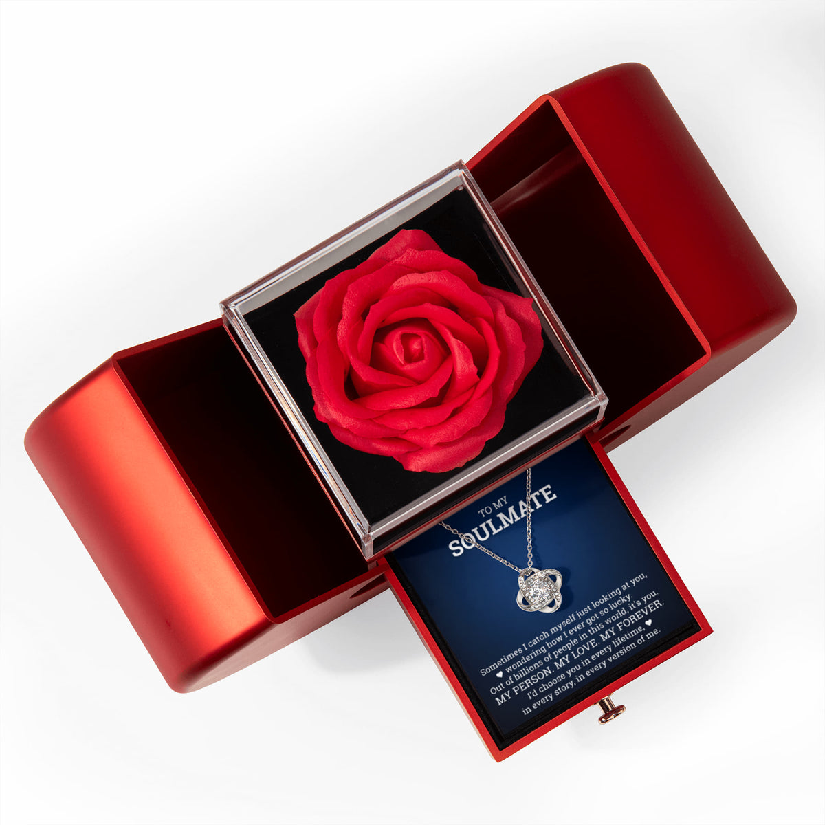 Love Knot Necklace w/ Red Heart Rose - To My  Wife "My Person My Love My Forever"