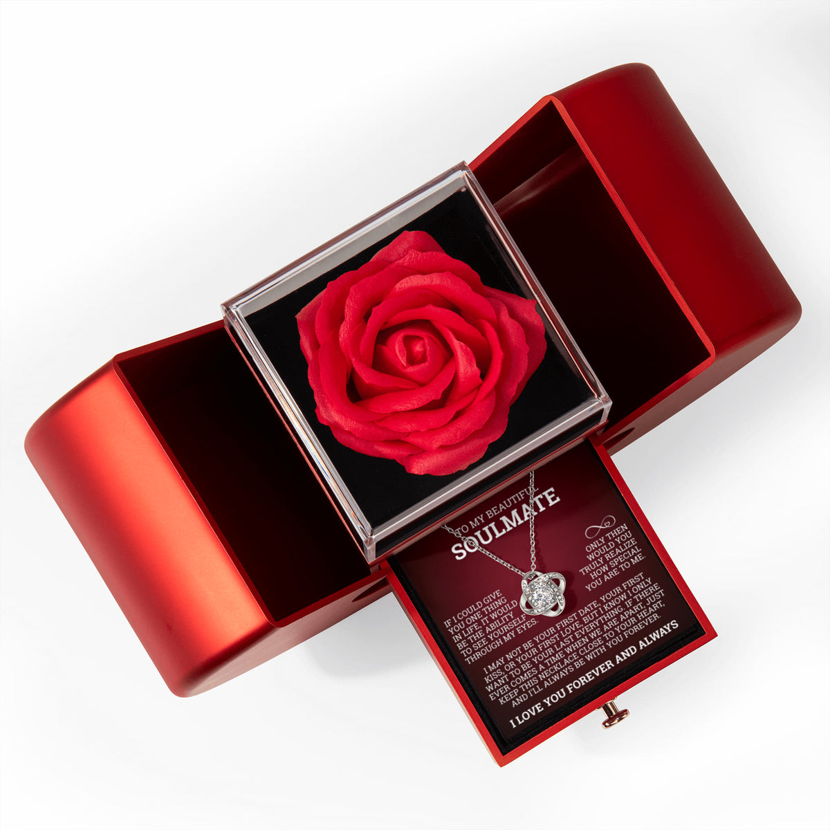 Love Knot Necklace w/ Red Heart Rose - To My  Beautiful Soulmate "I'll Always Be With You Forever"