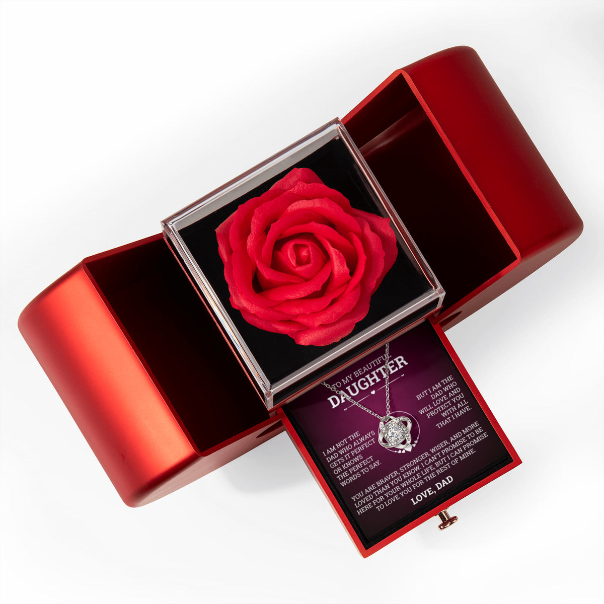 Love Knot Necklace w/ Red Heart Rose - To My  Beautiful Daughter "You Are Braver"