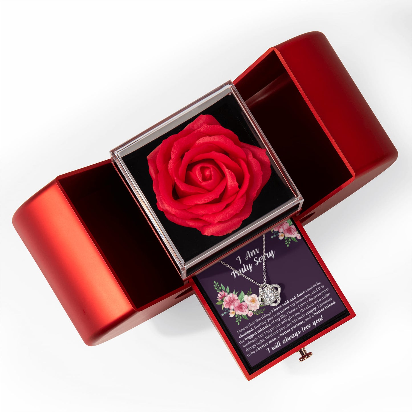 Love Knot Necklace with Red Heart Rose Box - I Am Truly Sorry