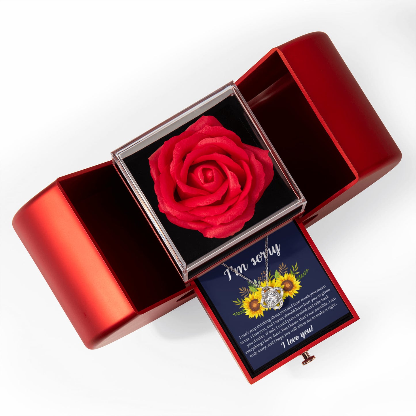 Love Knot Necklace with Red Heart Rose Box - "I am Sorry, I Love You"