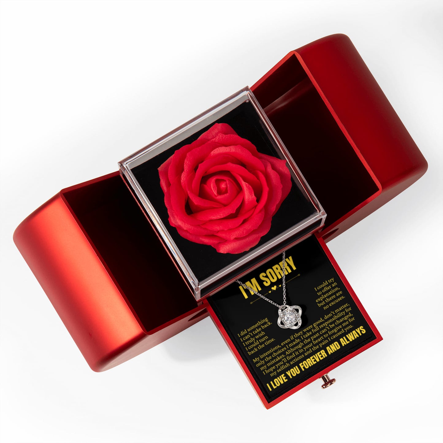 Love Knot Necklace with Red Heart Rose Box - I'm Sorry, I Love You Forever and Always