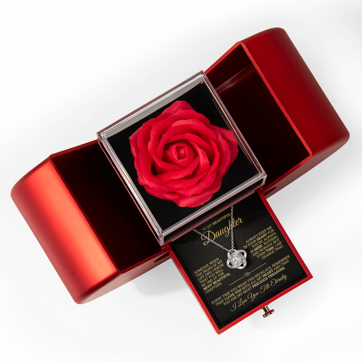 Love Knot Necklace with Red Heart Rose Box - To My Beautiful Daughter "My Most Precious Treasure"