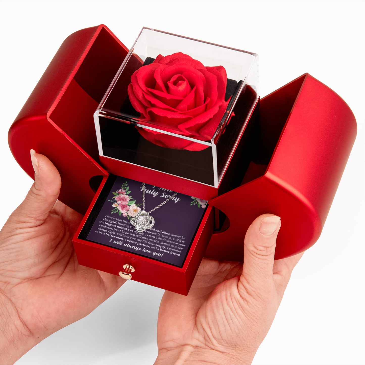 Love Knot Necklace with Red Heart Rose Box - I Am Truly Sorry