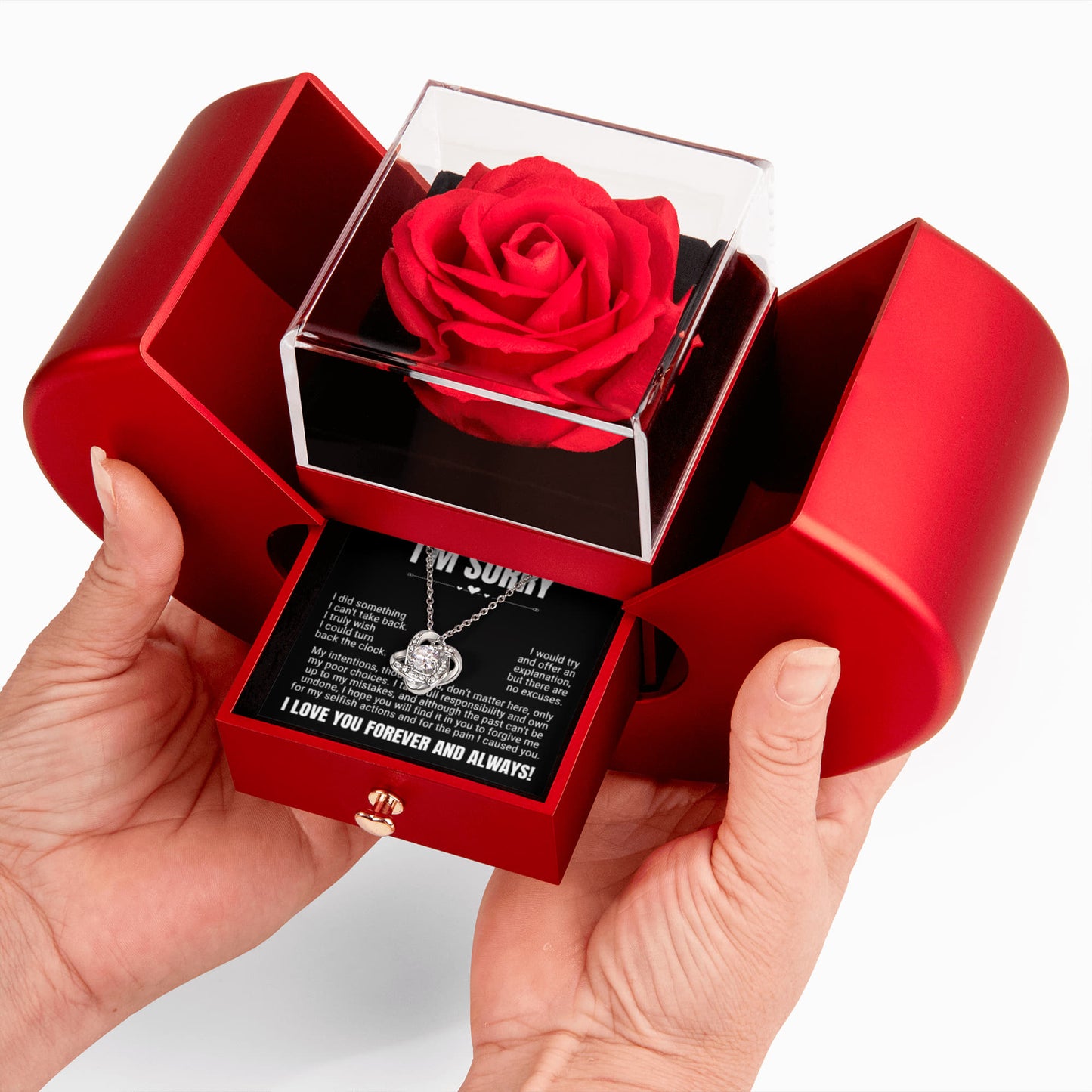 Love Knot Necklace with Red Heart Rose Box - "I'm Sorry, I Love You Forever and Always"