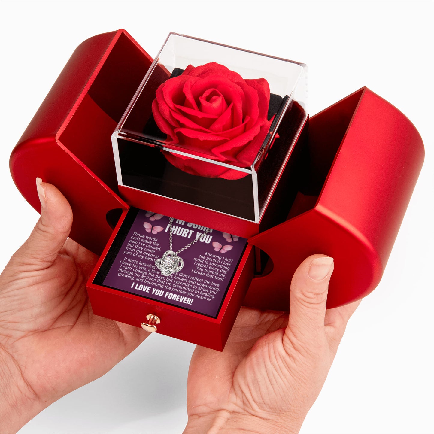 Love Knot Necklace with Red Heart Rose Box - I'm Sorry I Hurt You