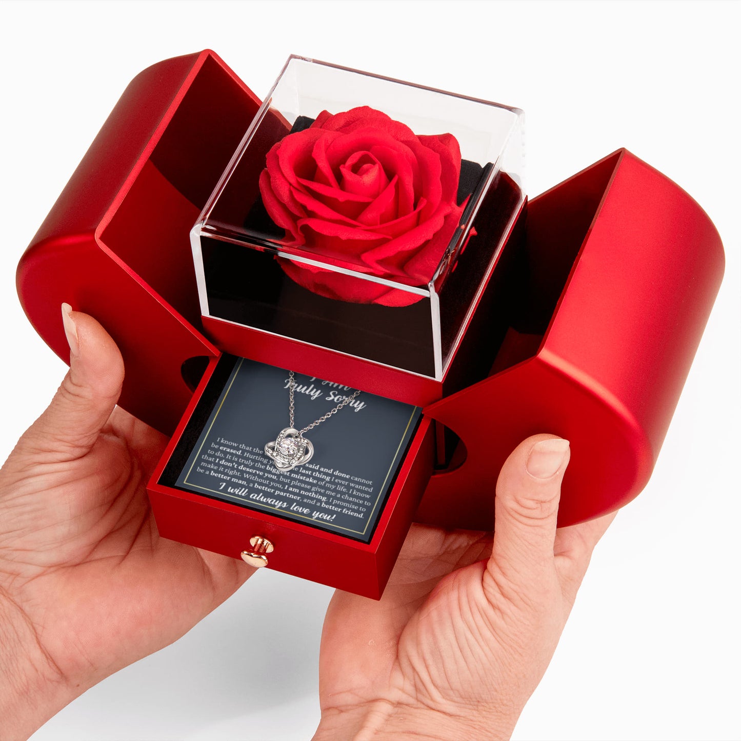 Love Knot Necklace with Red Heart Rose Box - "I Am Truly Sorry"