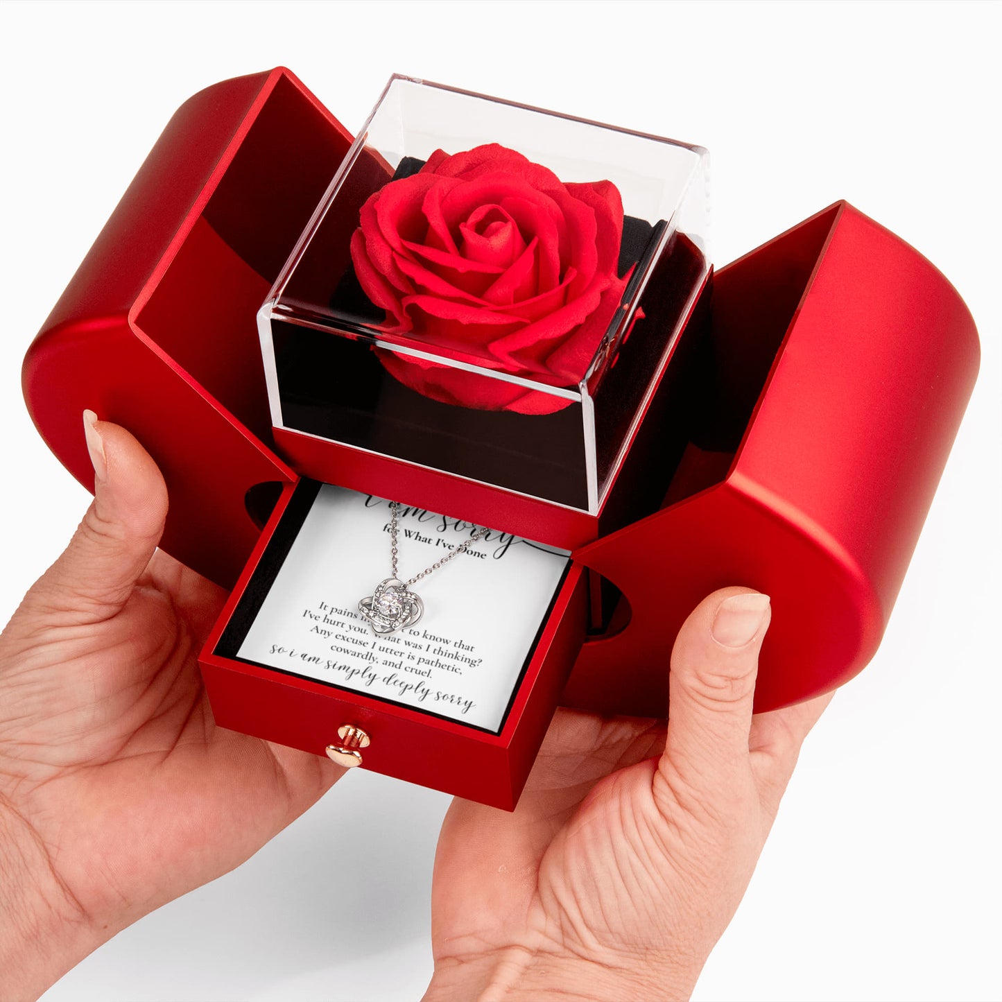 Love Knot Necklace with Red Heart Rose Box - "I'm Sorry for What I've Done"