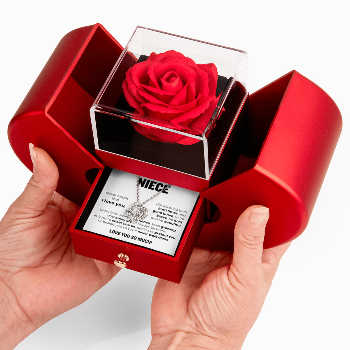 Love Knot Necklace w/ Red Heart Rose - To My Amazing Niece "Never Forget That I Love You"