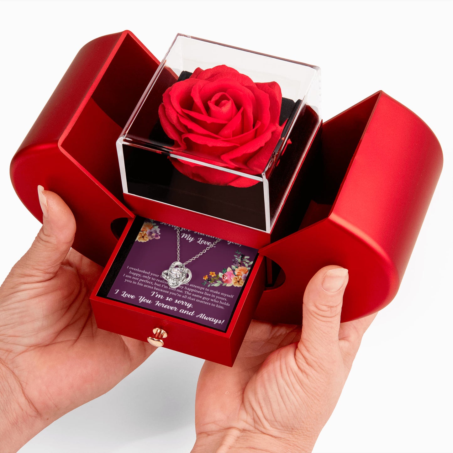 Love Knot Necklace with Red Heart Rose Box - "Sorry for Hurting You My Love..."