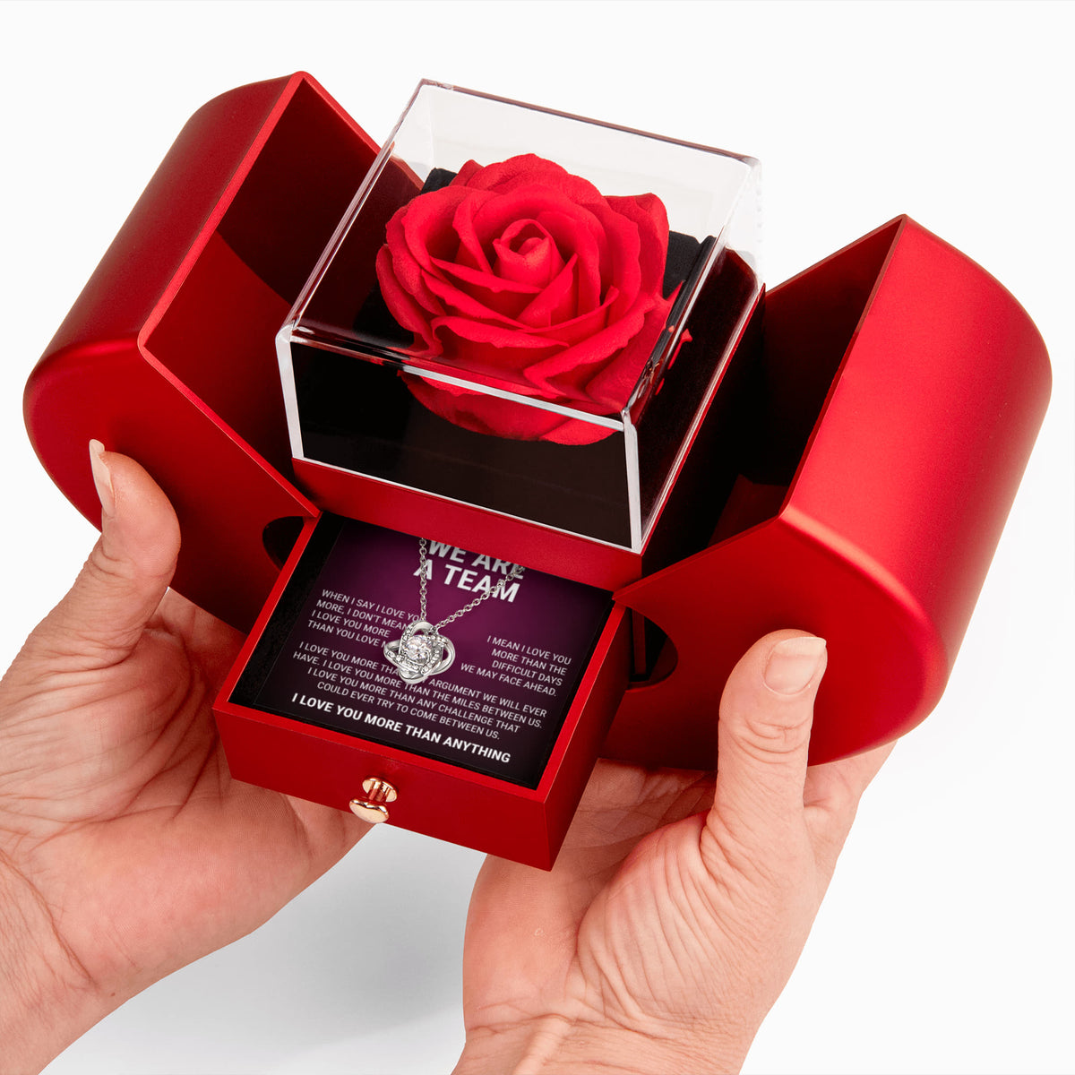 Love Knot Necklace w/ Red Heart Rose - We Are A Team