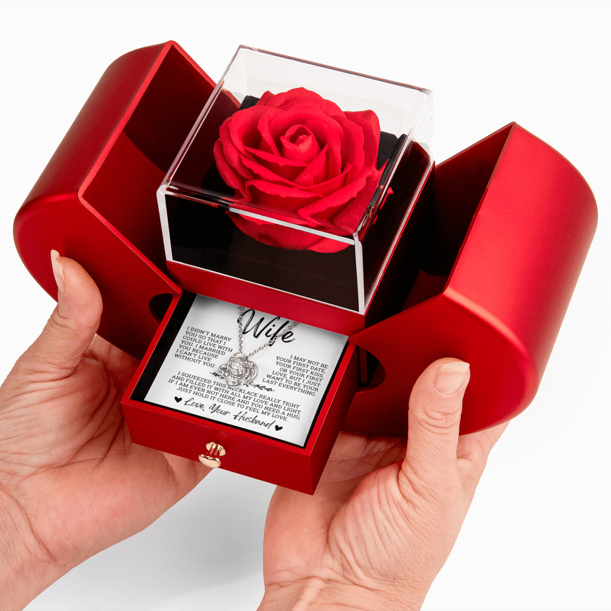 Love Knot Necklace with Red Heart Rose Box - To My Beautiful Wife "I Can't Live Without You"