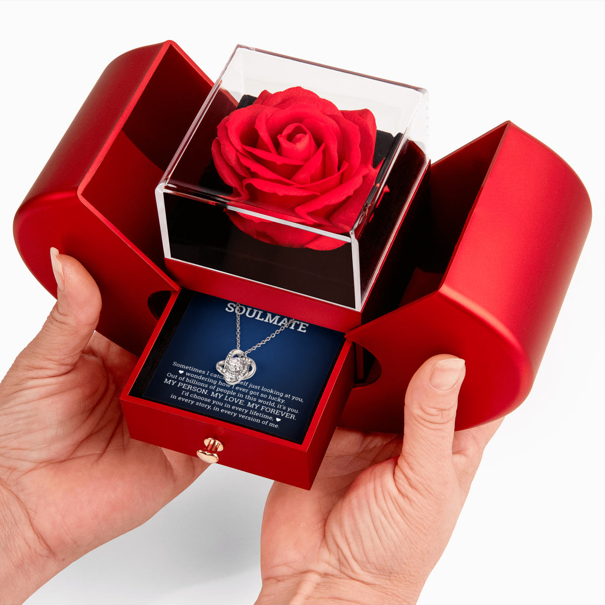 Love Knot Necklace w/ Red Heart Rose - To My  Wife "My Person My Love My Forever"