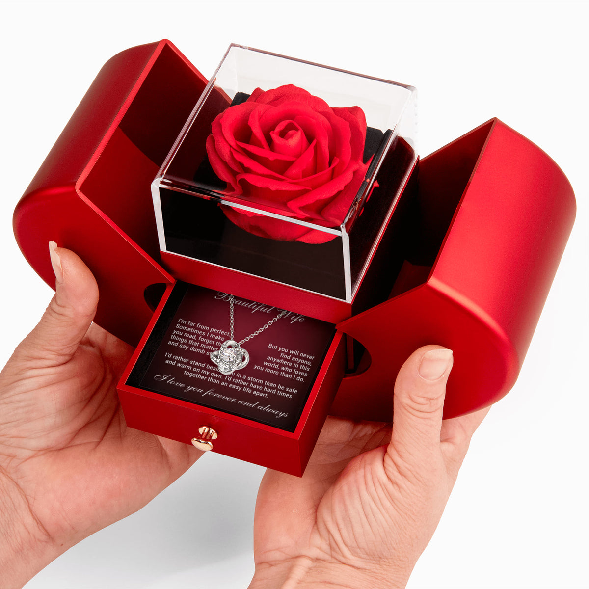 Love Knot Necklace w/ Red Heart Rose - To My Beautiful Wife "I'd Rather Stand Beside You"