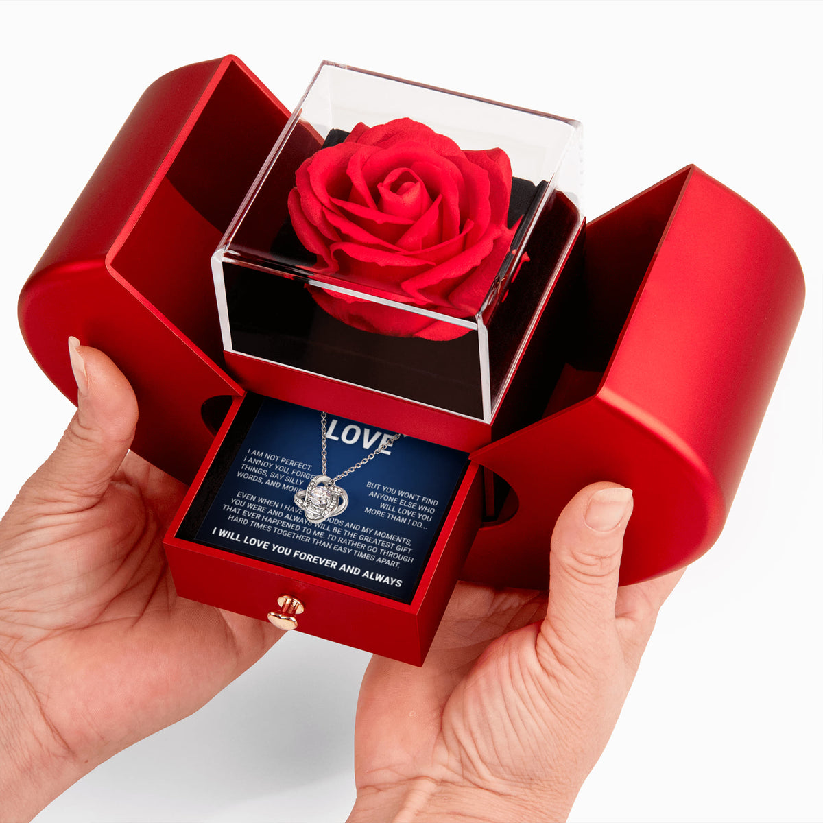 Love Knot Necklace w/ Red Heart Rose - To My  Love "I Will Love You Forever and Always"