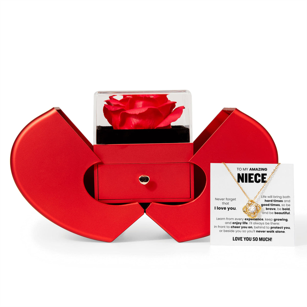 Love Knot Necklace w/ Red Heart Rose - To My Amazing Niece "Never Forget That I Love You"