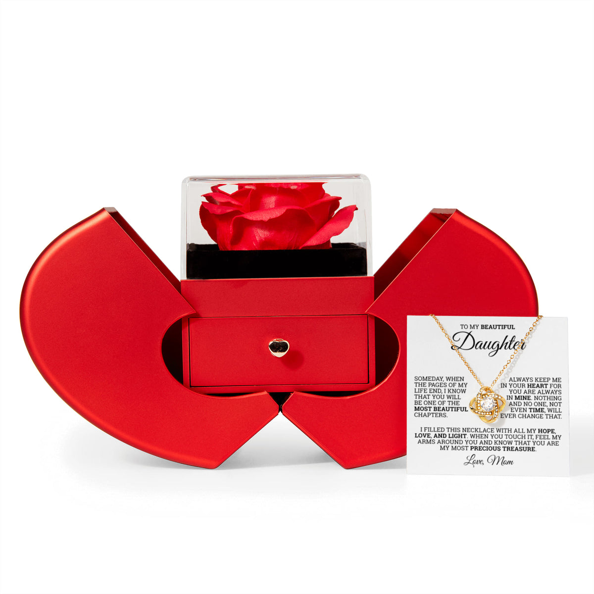 Love Knot Necklace with Red Heart Rose Box - To My Beautiful Daughter "You Are My Most Precious Treasure"