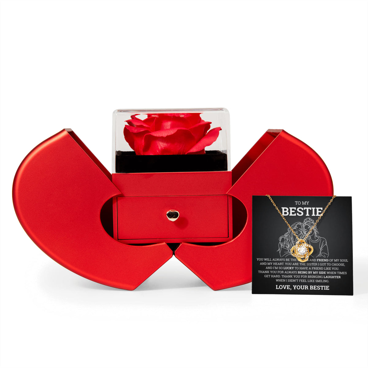 Love Knot Necklace w/ Red Heart Rose - To My Bestie