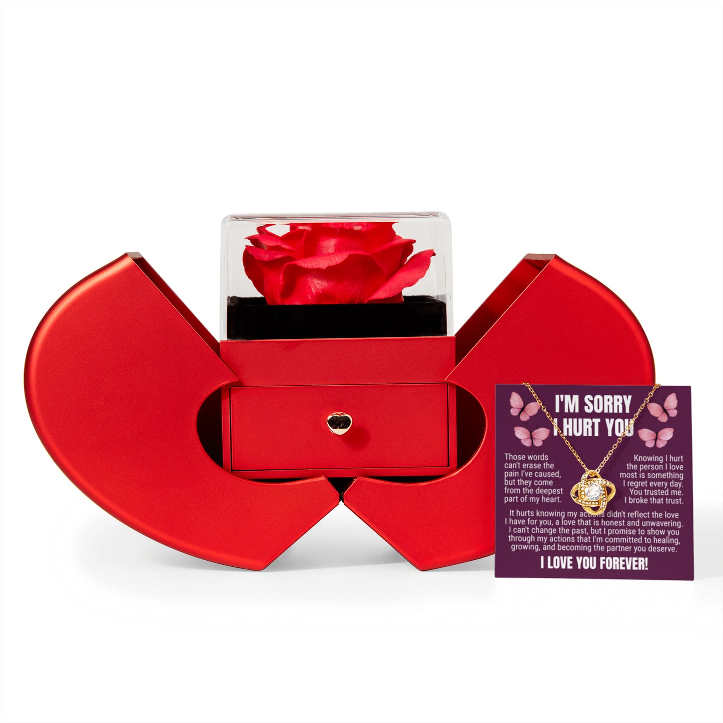 Love Knot Necklace with Red Heart Rose Box - I'm Sorry I Hurt You