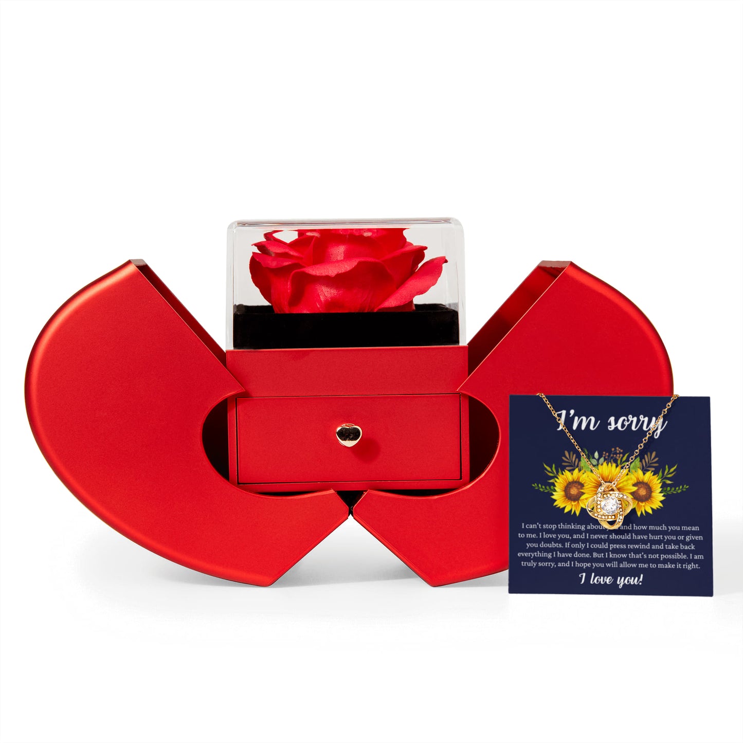 Love Knot Necklace with Red Heart Rose Box - "I am Sorry, I Love You"