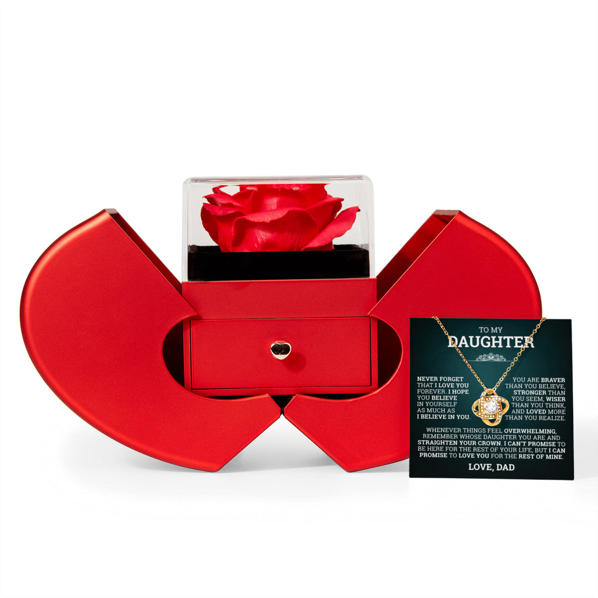 Love Knot Necklace w/ Red Heart Rose - To My  Daughter "I Hope You Believe In Yourself"