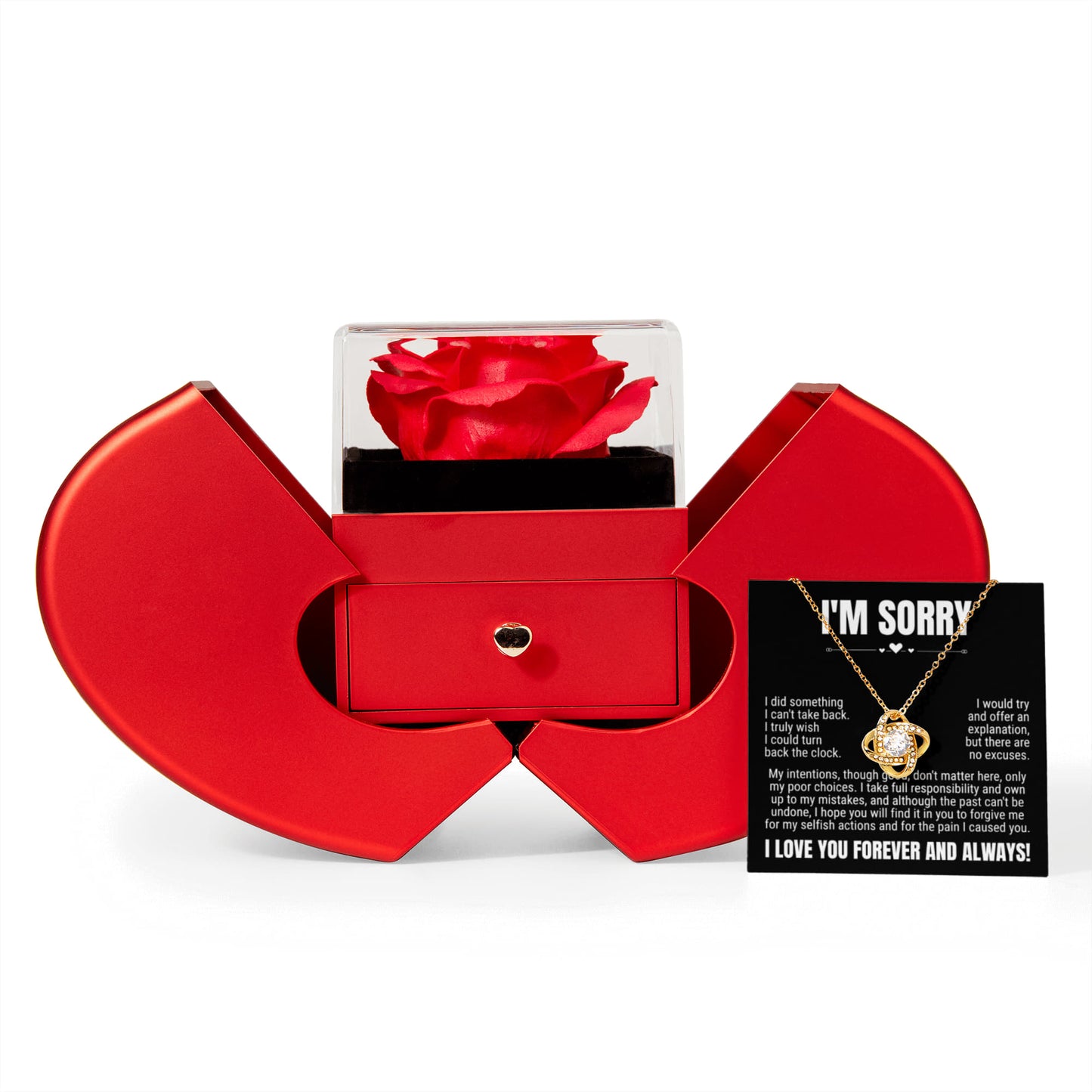 Love Knot Necklace with Red Heart Rose Box - "I'm Sorry, I Love You Forever and Always"