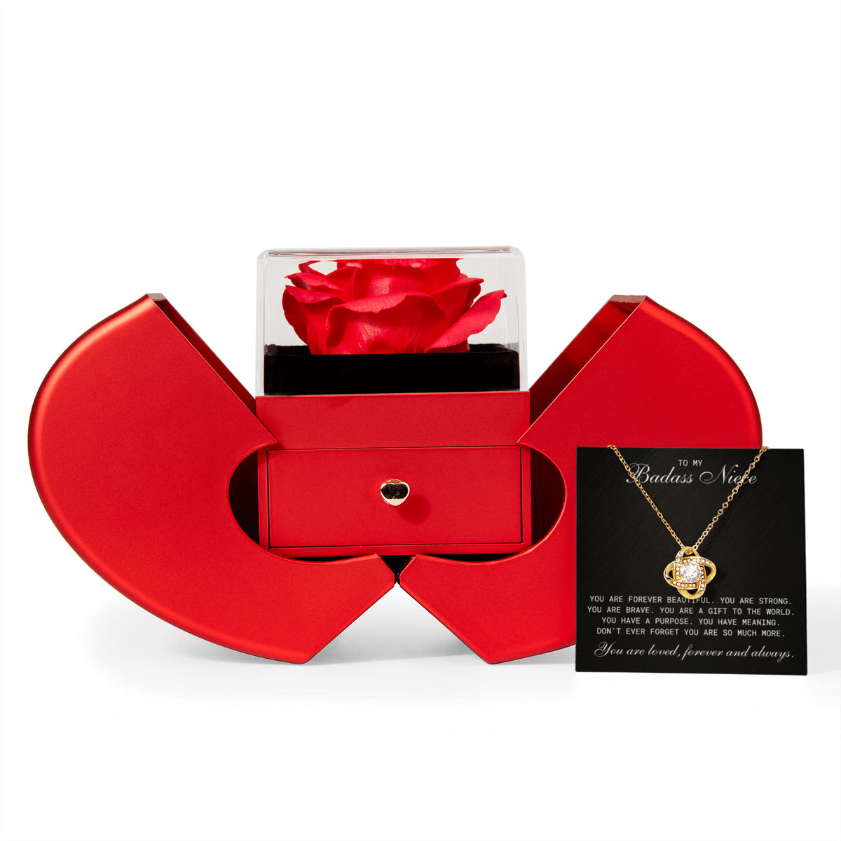 Love Knot Necklace with Red Heart Rose Box - To My Badass Niece "You Are Forever Beautiful"