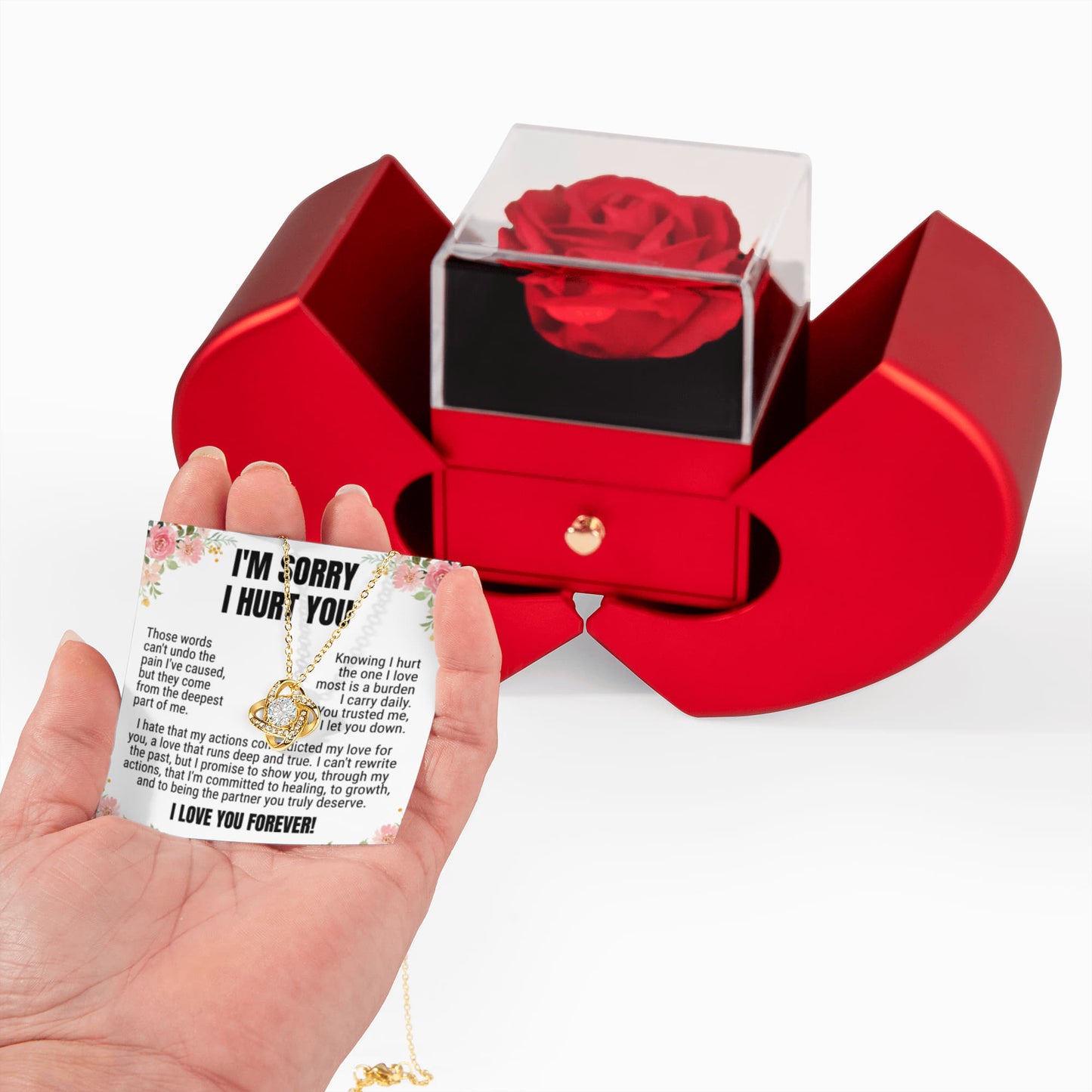 Love Knot Necklace with Red Heart Rose Box - "I'm Sorry I Hurt You"