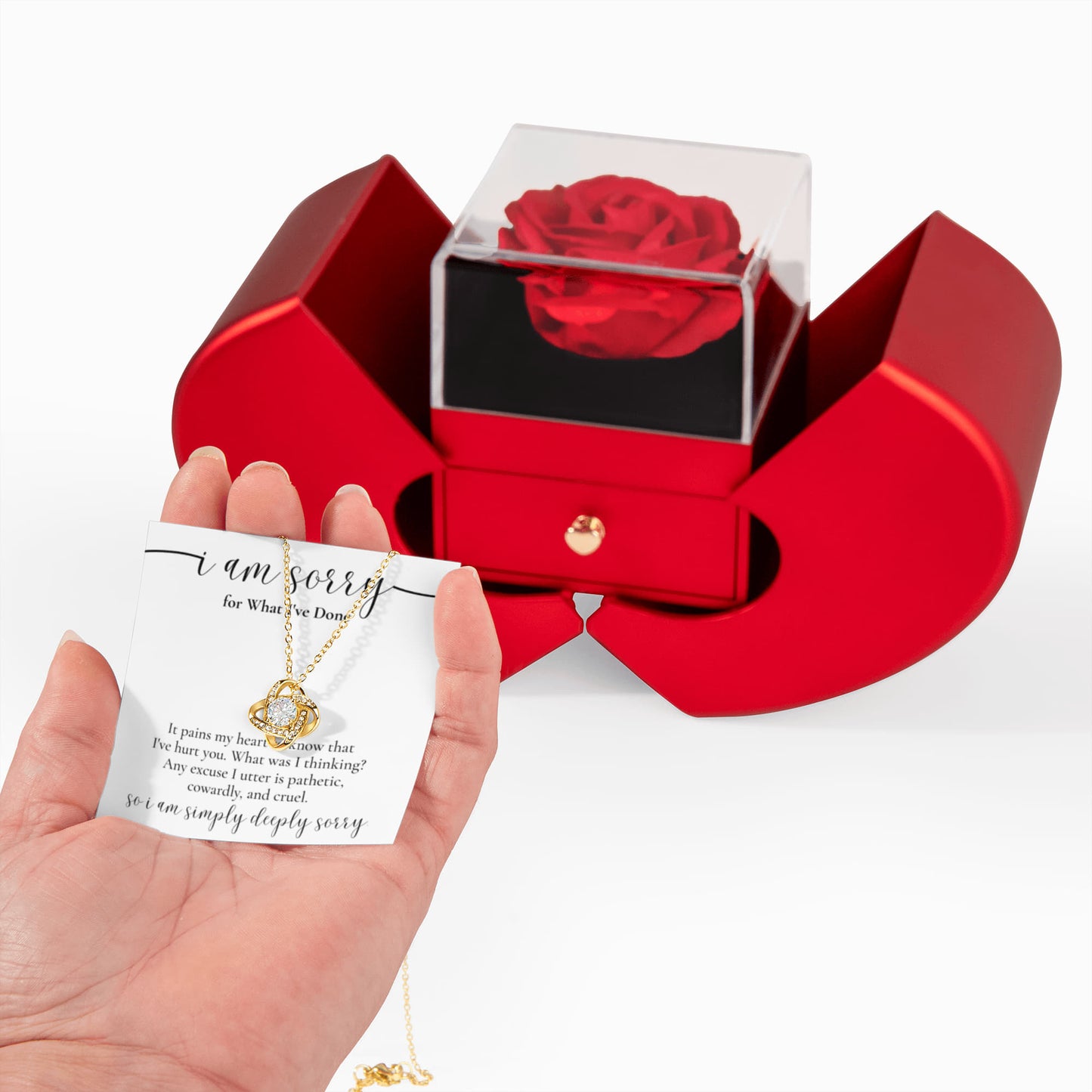 Love Knot Necklace with Red Heart Rose Box - "I'm Sorry for What I've Done"