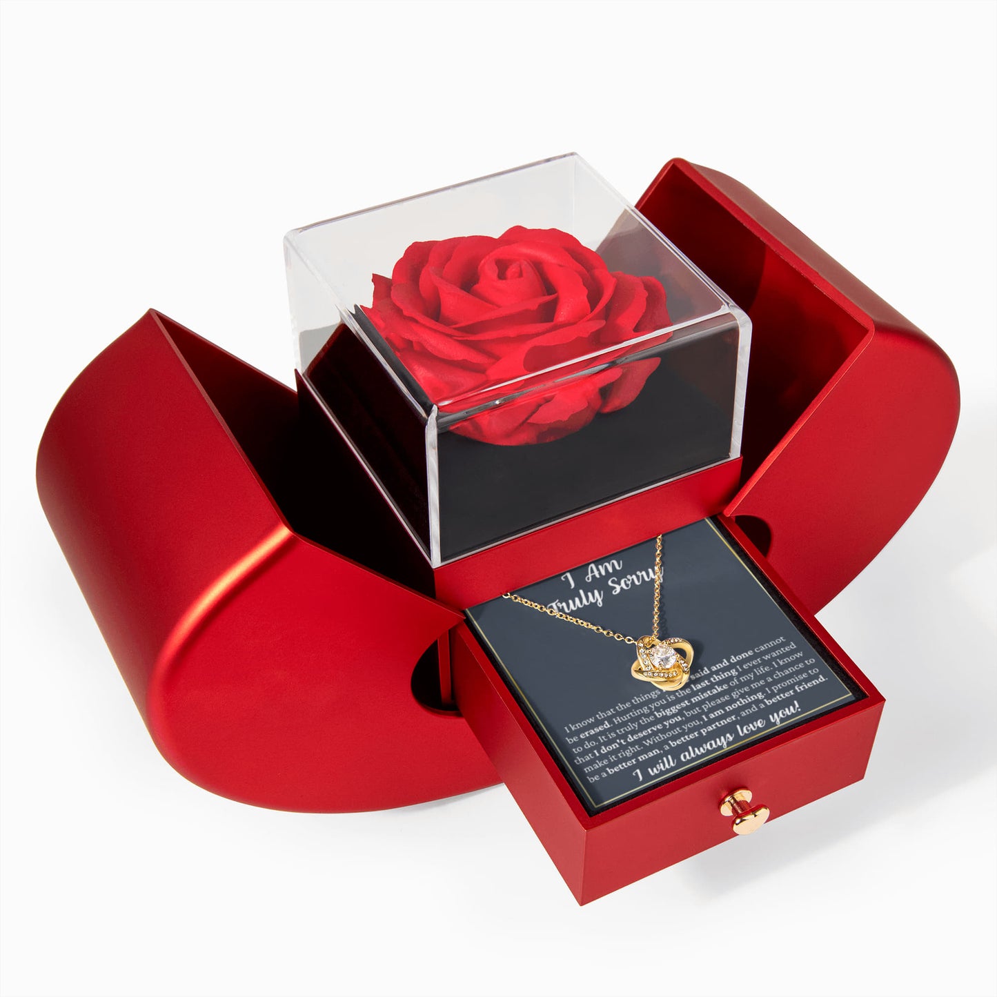Love Knot Necklace with Red Heart Rose Box - "I Am Truly Sorry"