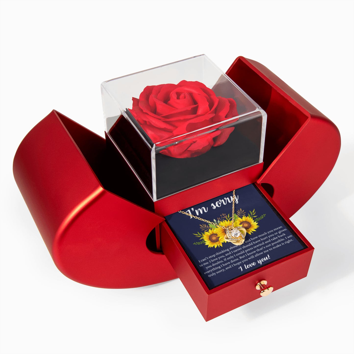 Love Knot Necklace with Red Heart Rose Box - "I am Sorry, I Love You"