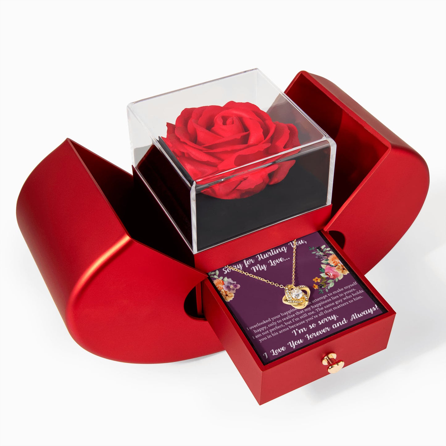Love Knot Necklace with Red Heart Rose Box - "Sorry for Hurting You My Love..."