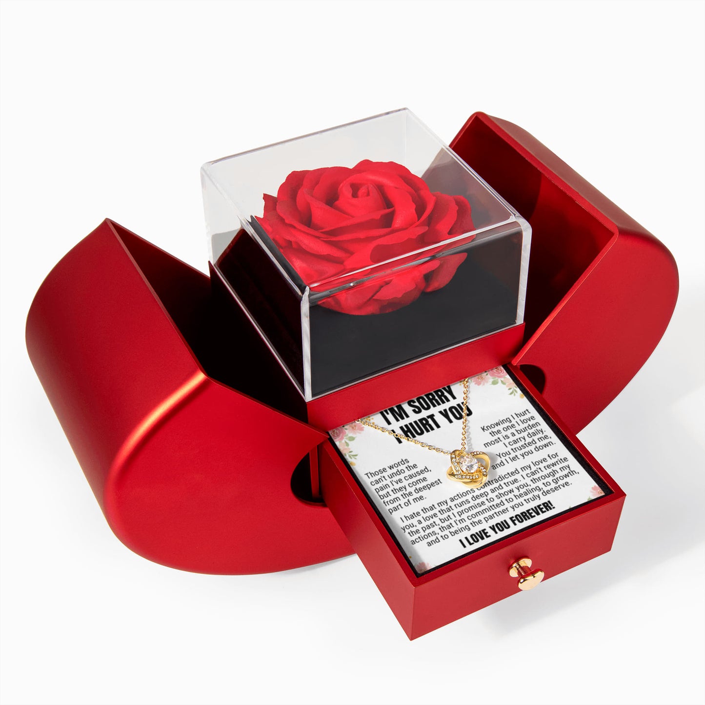 Love Knot Necklace with Red Heart Rose Box - "I'm Sorry I Hurt You"