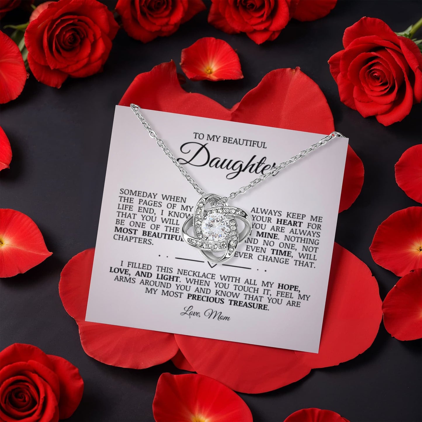 To My Beautiful Daughter "Always Keep Me In Your Heart" Love Knot Necklace with Rotating Gift Box