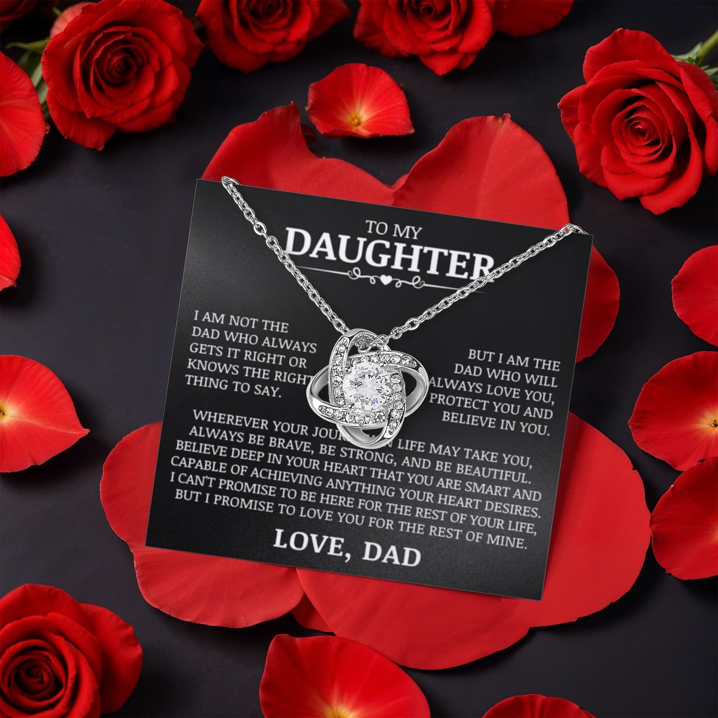 To My Daughter "Love You, Protect You and Believe In You" Love Knot Necklace with Preserved Red Rose