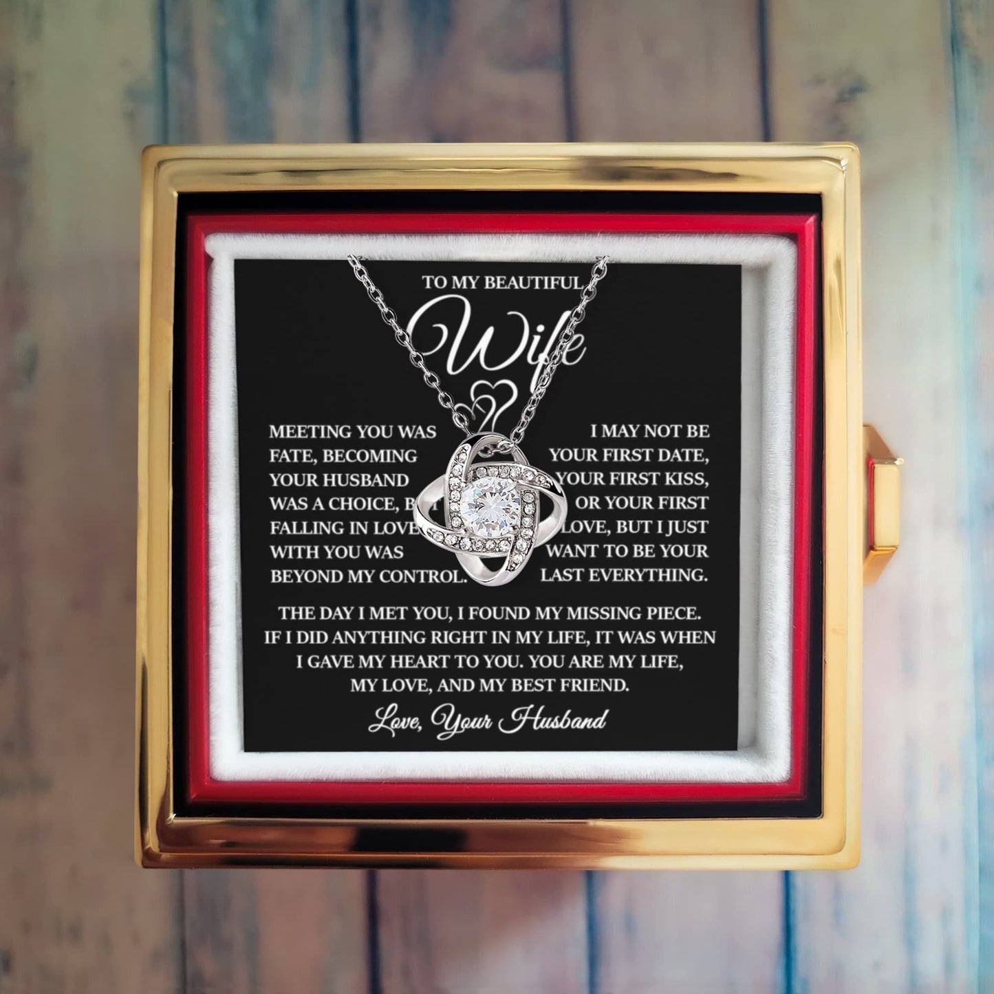 To My Beautiful Wife "Meeting You Was Fate" Love Knot Necklace with Rotating Rose Gift Box