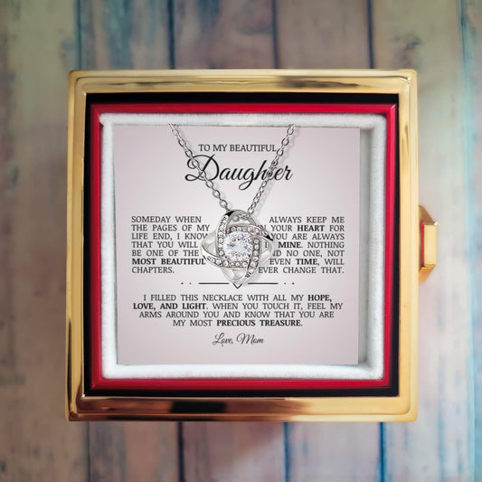 To My Beautiful Daughter "Always Keep Me In Your Heart" Love Knot Necklace with Rotating Gift Box