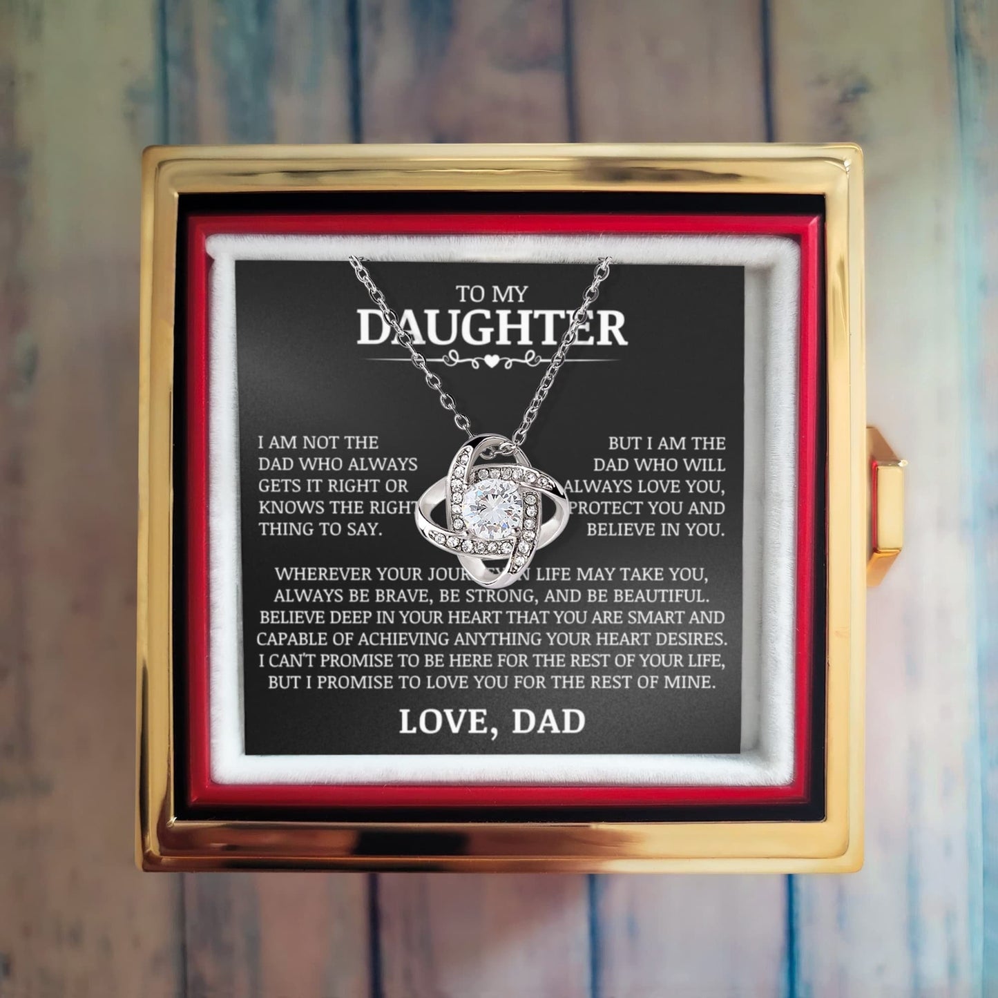 To My Daughter "Love You, Protect You and Believe In You" Love Knot Necklace with Preserved Red Rose